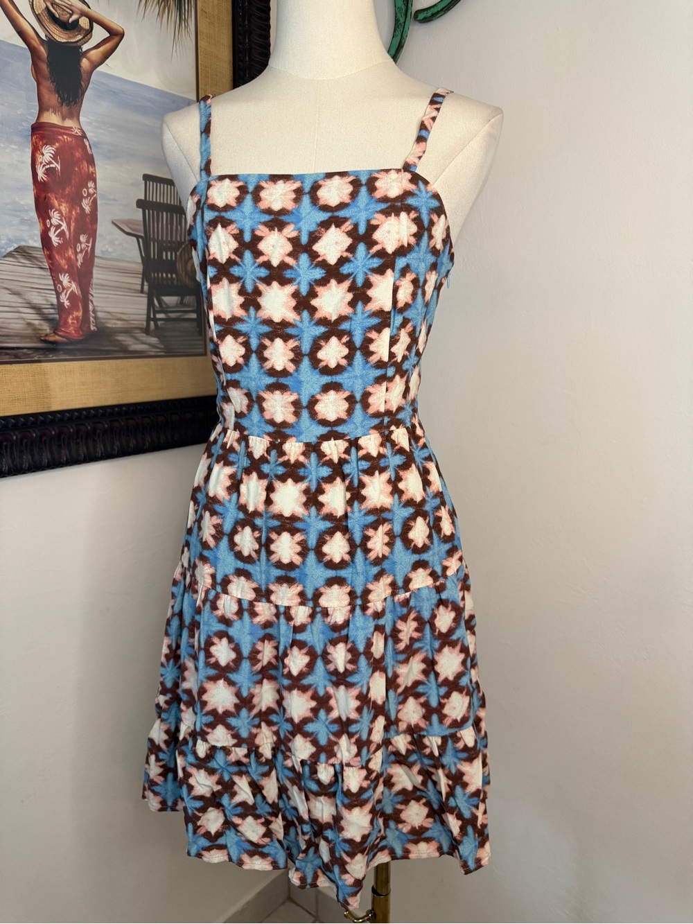 LOFT Blue, Brown and Cream Floral Tile Midi Dress